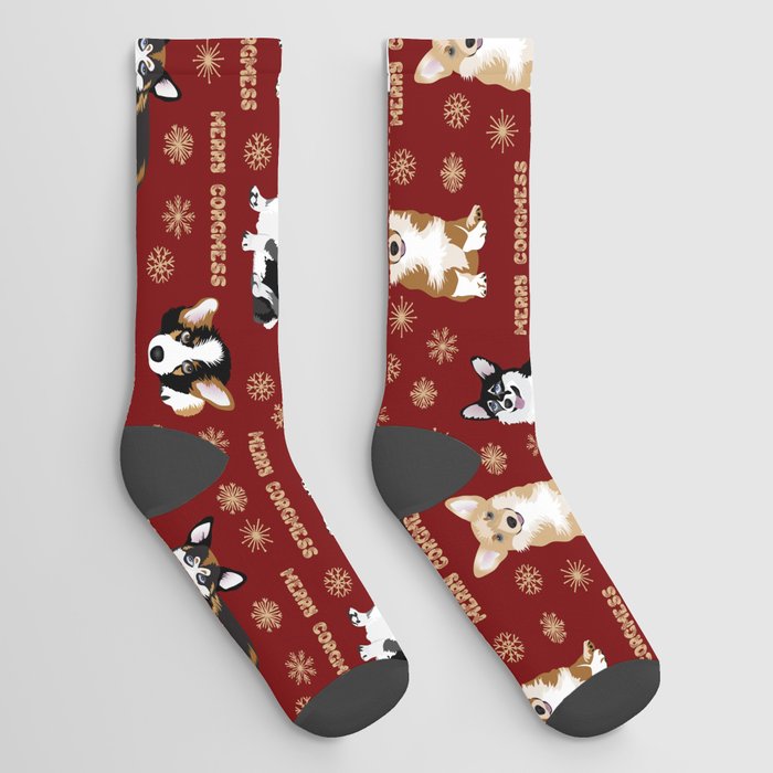 Merry Corgmess- Little Corgi Dogs Celebrate Christmas Socks