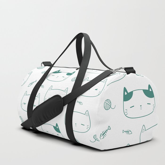 Green Blue Doodle Kitten Faces Pattern Duffle Bag