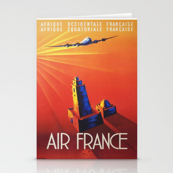 Vintage Mid Century Travel Poster Air France Jet African Islamic Mosque Monochrome Orange Sunset Stationery Cards