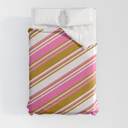 [ Thumbnail: Dark Goldenrod, White, and Hot Pink Colored Stripes/Lines Pattern Duvet Cover ]