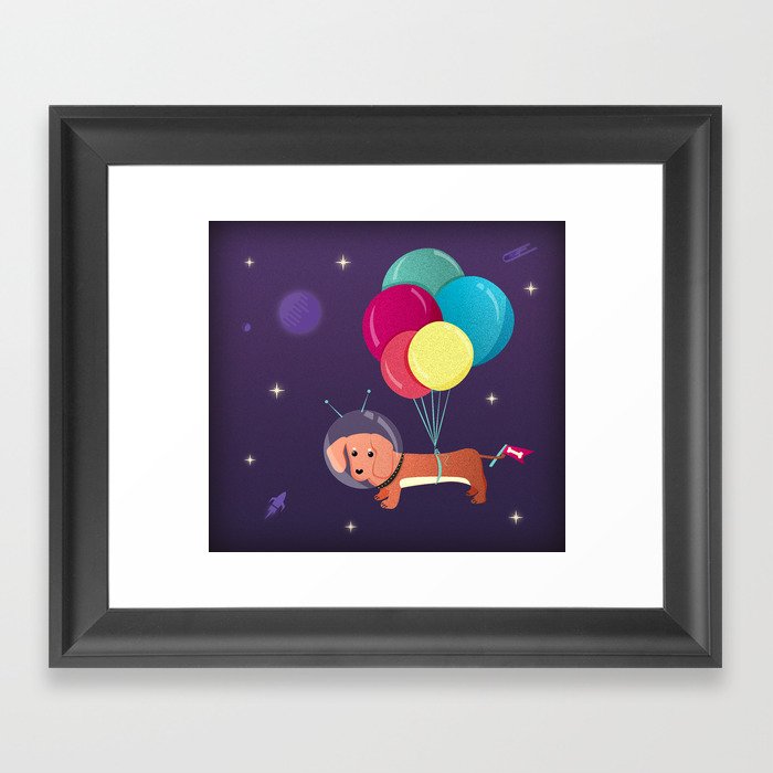 Galaxy Dog with balloons Framed Art Print