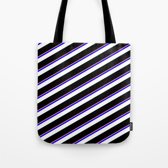 Light Coral, Blue, White & Black Colored Striped Pattern Tote Bag