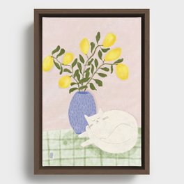 Sleeping White Cat and Lemons in a Vase Minimalist Art Framed Canvas