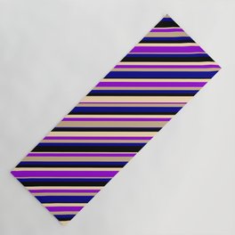 [ Thumbnail: Eyecatching Beige, Dark Violet, Tan, Dark Blue & Black Colored Stripes/Lines Pattern Yoga Mat ]