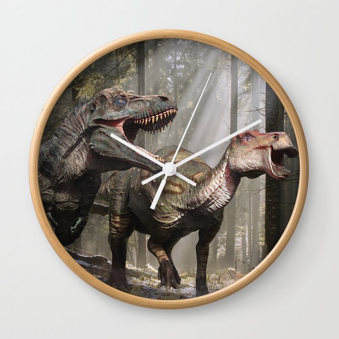 Tyrannosaurus hunting edmontosaurus Wall Clock