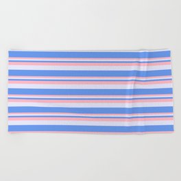 [ Thumbnail: Cornflower Blue, Light Pink & Lavender Colored Stripes Pattern Beach Towel ]