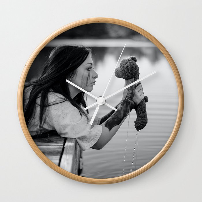 School daze; girl pulling childhood teddy bear out of lake breakup relationship female black and white photograph - photography - photographs Wall Clock