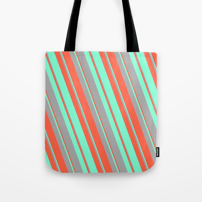 Red, Aquamarine, and Dark Grey Colored Lined/Striped Pattern Tote Bag