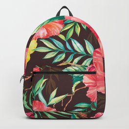 Hand drawn watercolor seamless pattern with colorful tropical flowers hibiscuses and leaves on the dark background Backpack | Drawing, Watercolor, Vintage, Graphicdesign, Homedecor, Flower, Pattern, Illustration, Retro, Dark 