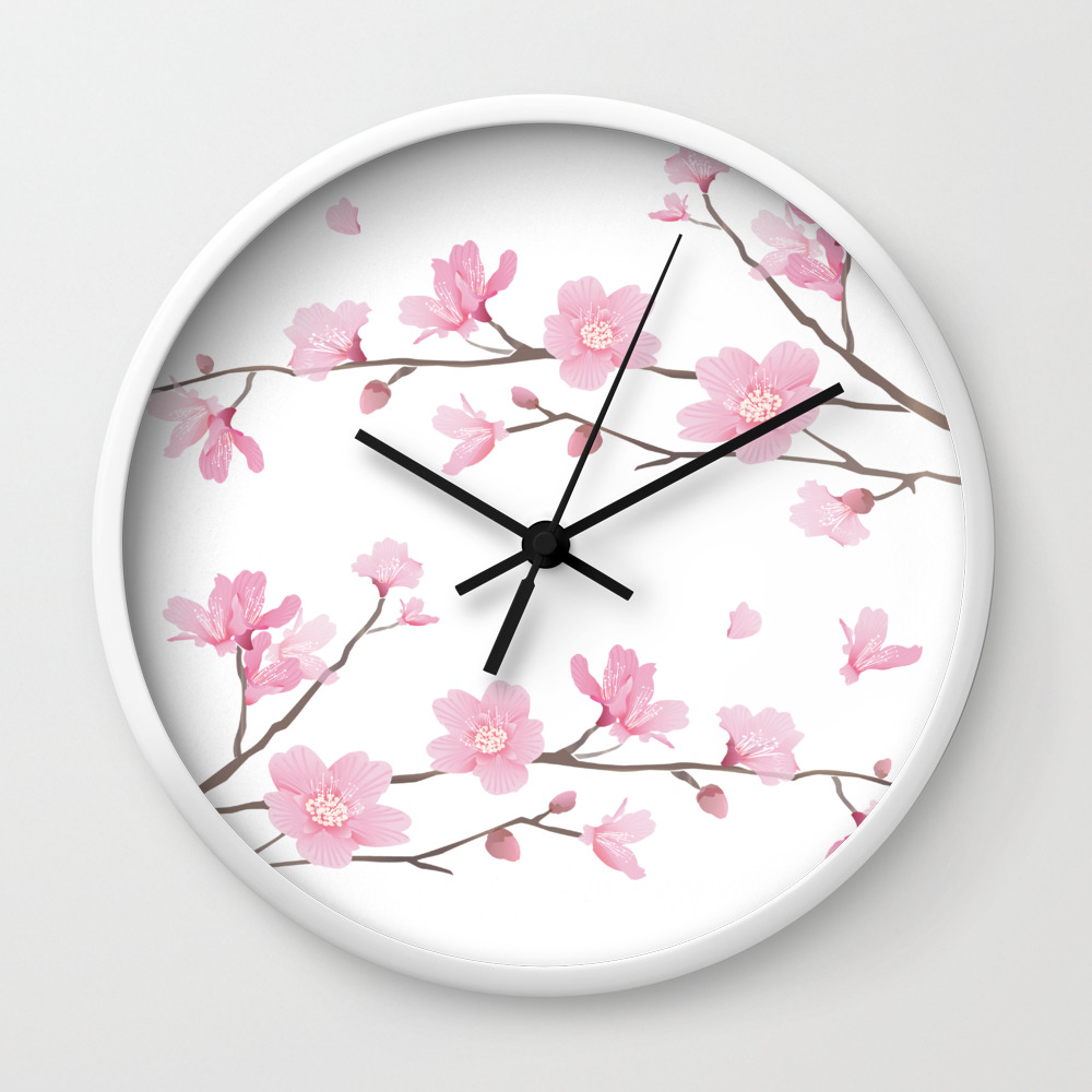 OREZI Non Ticking Silent Wall Clock,White Sakura Flower Blossom Watercolor Decor Clock for Gift Home Office Kitchen Nursery Living Room Bedroom