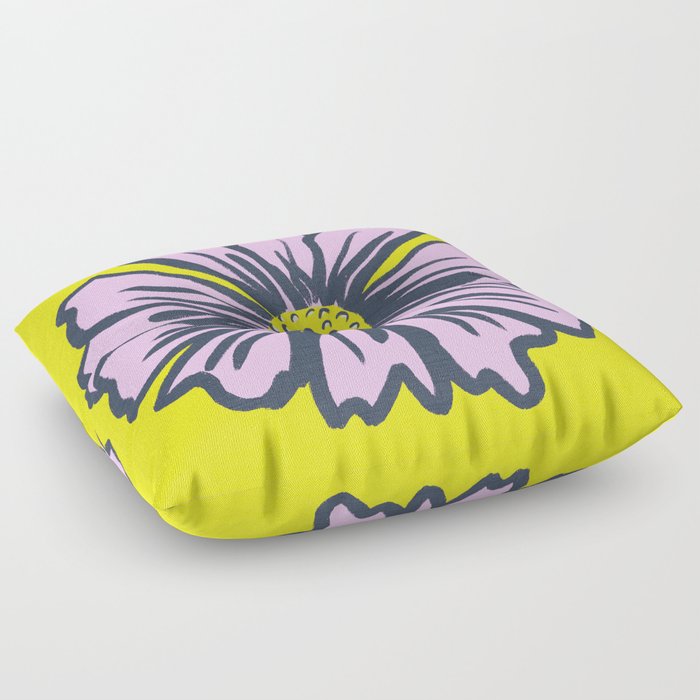 Mid-Century Modern Daisy Flower In Pink On Bold Yellow Big Bright Floral Illustrated Print Design Floor Pillow