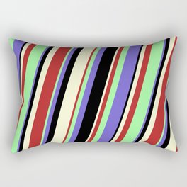 [ Thumbnail: Green, Slate Blue, Black, Light Yellow, and Red Colored Stripes Pattern Rectangular Pillow ]