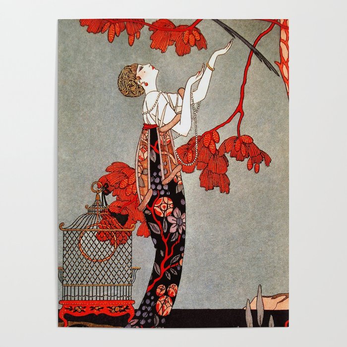 Red Mimosa & Flying Bird, Art Deco Roaring Twenties female portrait painting by George Barbier Poster