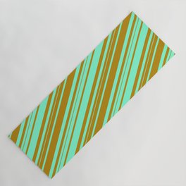 [ Thumbnail: Aquamarine and Dark Goldenrod Colored Lined/Striped Pattern Yoga Mat ]