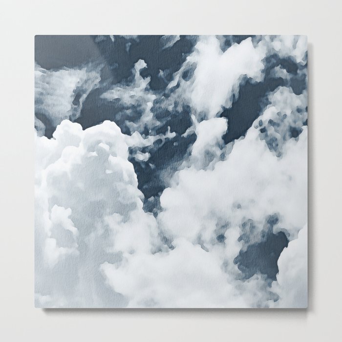 Abstract navy blue gray white watercolor hand painted clouds Metal Print