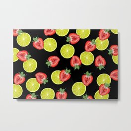 Lime Strawberry pattern Fruit Design - black Metal Print
