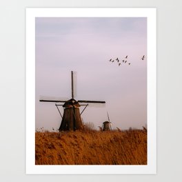 Dutch Windmill With Birds | Sunset at Kinderdijk, Netherlands Art Print