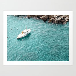 White Boat Floating in Turquoise Pastel Color Sea | Cinque Terre Italy Art Print