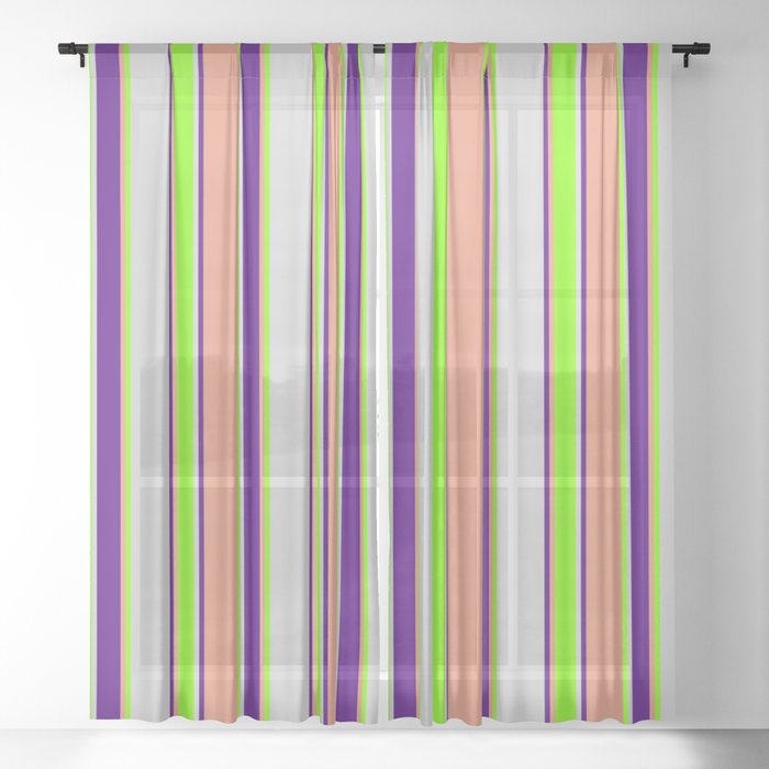 Light Grey, Chartreuse, Dark Salmon, and Indigo Colored Striped/Lined Pattern Sheer Curtain