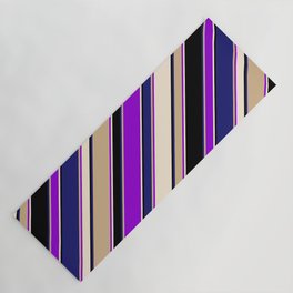 [ Thumbnail: Eye-catching Tan, Dark Violet, Beige, Black, and Midnight Blue Colored Lined/Striped Pattern Yoga Mat ]