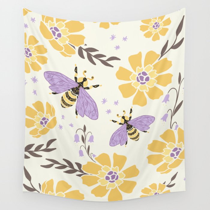 Honey Bees and Flowers - Yellow and Lavender Purple Wall Tapestry