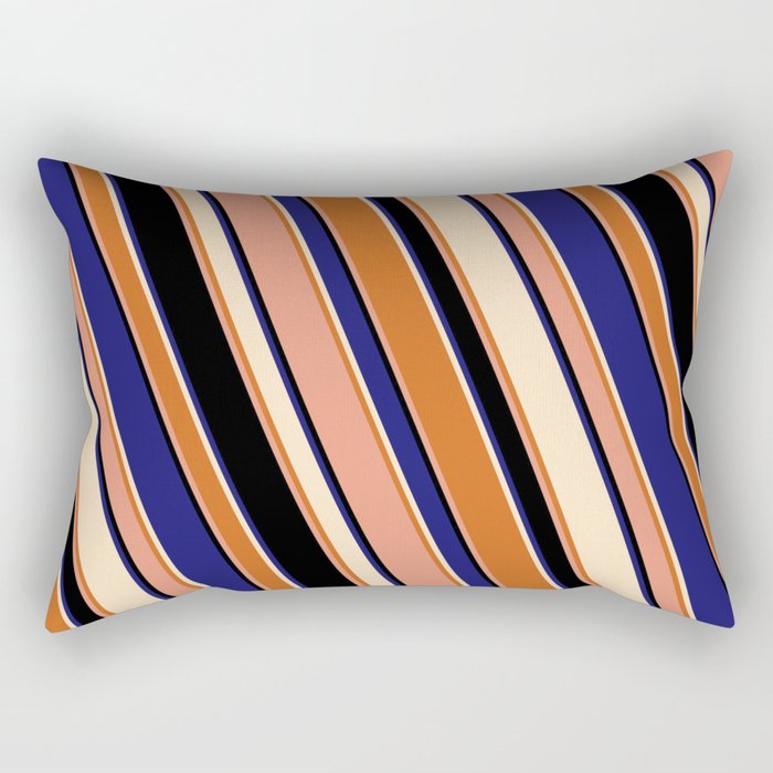 Eyecatching Bisque, Chocolate, Dark Salmon, Black & Midnight Blue Colored Stripes/Lines Pattern Rectangular Pillow