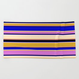 [ Thumbnail: Colorful Blue, Bisque, Goldenrod, Orchid, and Black Colored Stripes Pattern Beach Towel ]