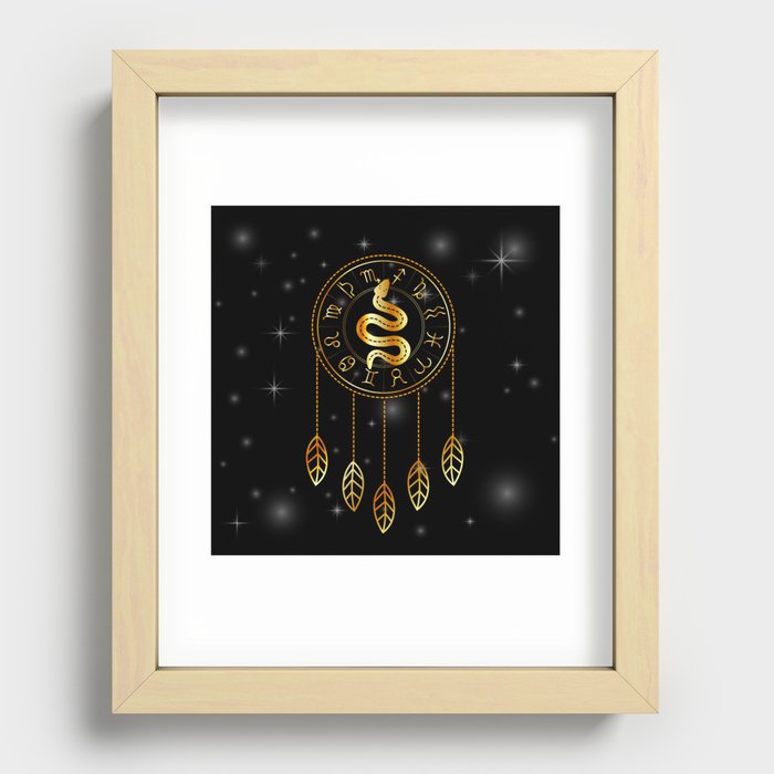 Dreamcatcher Zodiac symbols astrology horoscope signs with mystic snake in gold Recessed Framed Print
