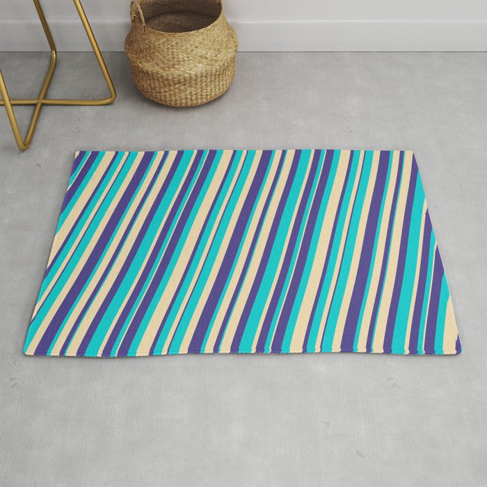 Dark Turquoise, Tan, and Dark Slate Blue Colored Lines/Stripes Pattern Rug