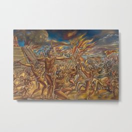 The Fall of Tenochtitlan, the capital of the Aztec Empire landscape by A. Cantu Metal Print | Hernancortes, Inca, Mexicanartists, Aztec, Yucatan, Painting, Aztlan, Temple, Spain, Pre Colonial 