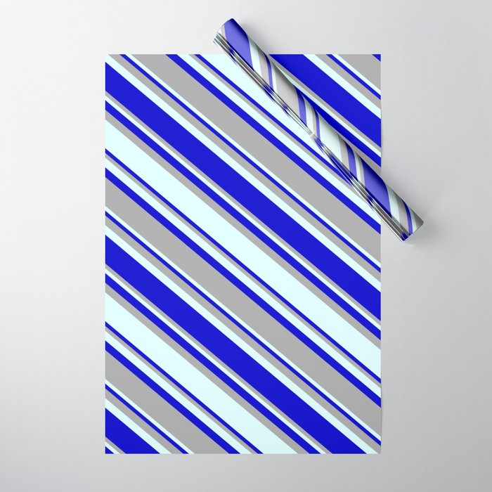 Blue, Dark Grey & Light Cyan Colored Pattern of Stripes Wrapping Paper