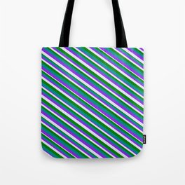 [ Thumbnail: Purple, Lavender, Green, and Dark Cyan Colored Striped/Lined Pattern Tote Bag ]