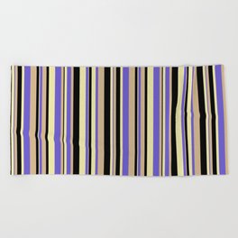 [ Thumbnail: Slate Blue, Pale Goldenrod, Black & Tan Colored Striped/Lined Pattern Beach Towel ]