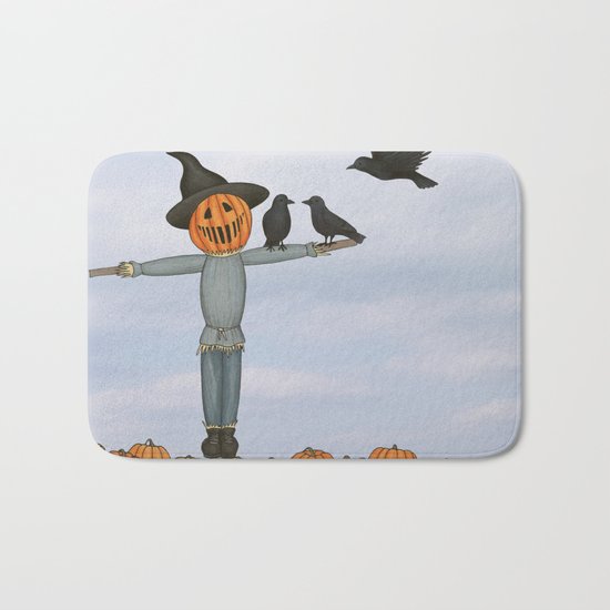 scarecrow and crows in the pumpkin patch Bath Mat