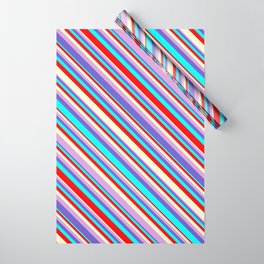 [ Thumbnail: Eyecatching Light Yellow, Plum, Slate Blue, Aqua & Red Colored Stripes/Lines Pattern Wrapping Paper ]