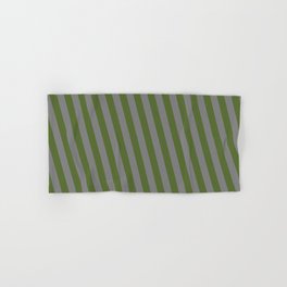 [ Thumbnail: Dark Olive Green & Grey Colored Lined Pattern Hand & Bath Towel ]