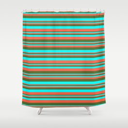 [ Thumbnail: Red, Dark Olive Green & Aqua Colored Lined Pattern Shower Curtain ]