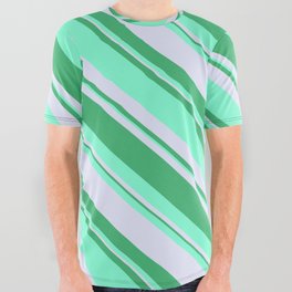 [ Thumbnail: Lavender, Sea Green & Aquamarine Colored Lines Pattern All Over Graphic Tee ]