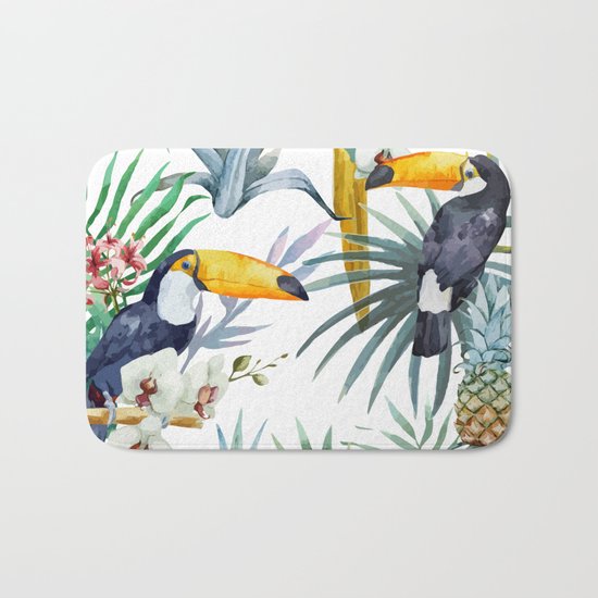 Big Tropical Pattern Toucans Parrot Pineapples Bath Mat
