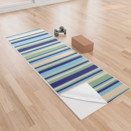[ Thumbnail: Bisque, Dark Sea Green, Midnight Blue, and Sky Blue Colored Stripes Pattern Yoga Towel ]