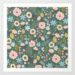 Wildflowers All Over - Teal Art Print