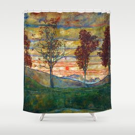 Four Trees with Red Leaves at Sunrise landscape painting by Egon Schiele Shower Curtain