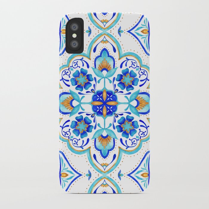 Hand Painted Moroccan Tiles Aqua And Gold Iphone Case By Hand Painted Moroccan Tiles Aqua And Gold Iphone Case