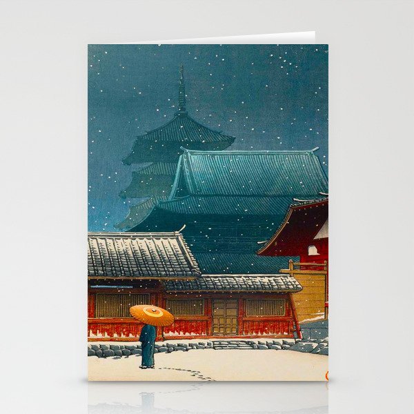 Vintage Japanese Woodblock Print Japanese Red Shinto Shrine Pagoda Winter Snow Stationery Cards