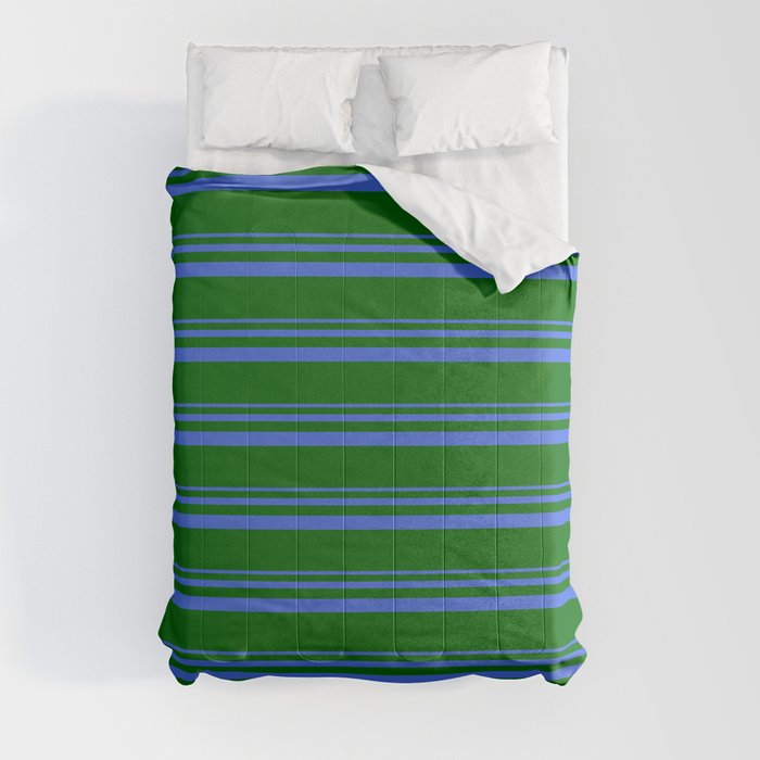 Royal Blue & Dark Green Colored Striped/Lined Pattern Comforter