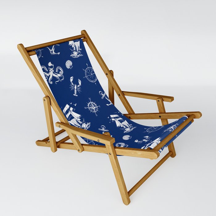 Blue And White Silhouettes Of Vintage Nautical Pattern Sling Chair