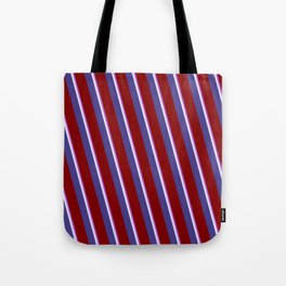 [ Thumbnail: Orchid, Lavender, Dark Slate Blue, and Maroon Colored Striped Pattern Tote Bag ]