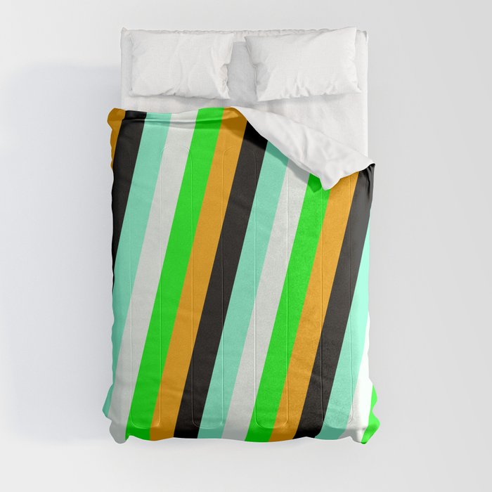 Vibrant Lime, Orange, Black, Aquamarine & Mint Cream Colored Pattern of Stripes Comforter