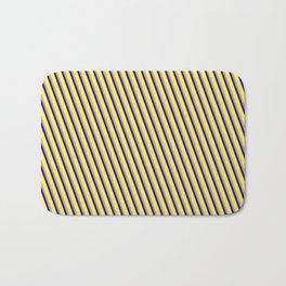 [ Thumbnail: Goldenrod, Blue, Yellow & Pale Goldenrod Colored Striped Pattern Bath Mat ]