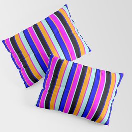 [ Thumbnail: Vibrant Turquoise, Fuchsia, Orange, Blue & Black Colored Striped/Lined Pattern Pillow Sham ]